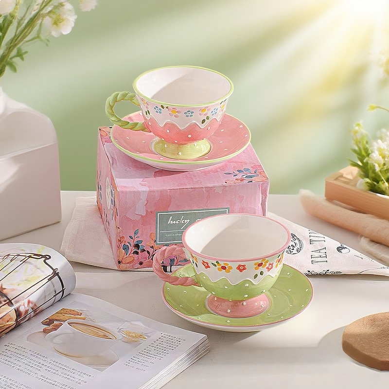Korean Tea Set - Koreanisches Handbemaltes Blumenmuster Keramik-Kaffeetassen-Set mit Untertasse