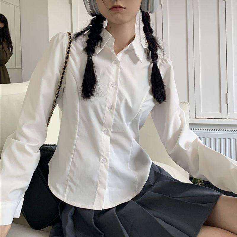 Korean Lifestyle - Weißes Damenhemd im koreanischen Preppy-Stil, langärmelig,