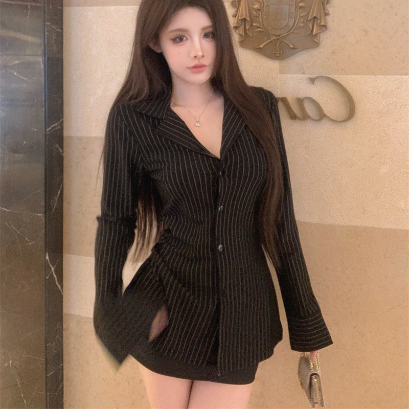 Korean Lifestyle - Frauen Slim Fit Gestreiftes Hemd Langarm