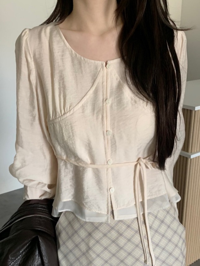 Korean Lifestyle - Frühling 2026 Damen-Chic-Oberteil mit Puffärmeln, Taillengürtel,